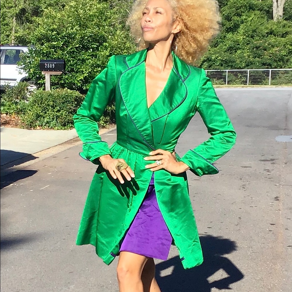 Vtg Bob Mackie satin coat dress tuxedo green XS - Picture 6 of 11